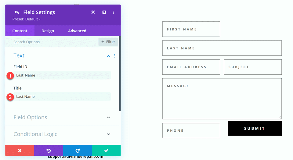 Divi Contact Form Layouts With Inline and Fullwidth Fields Layout 2 Field ID
