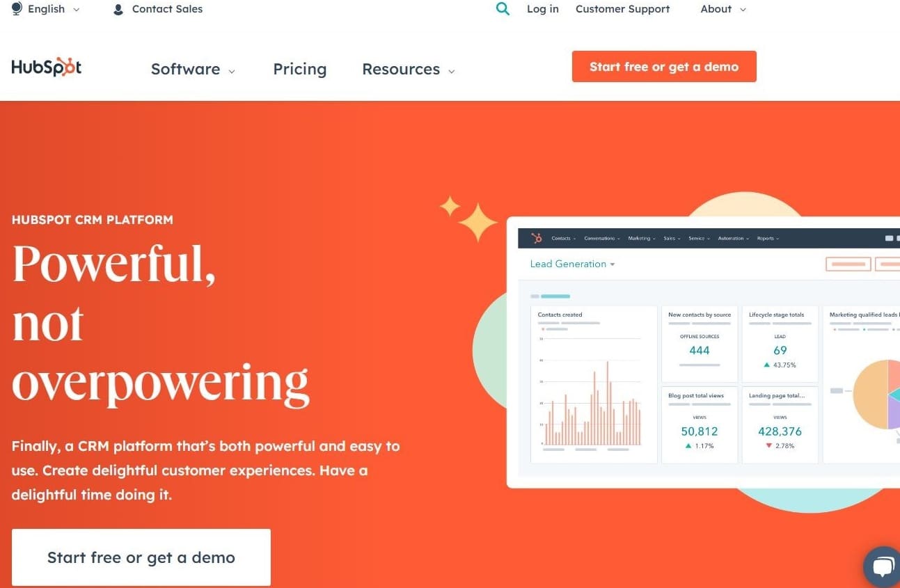 The HubSpot homepage with the tagline "Powerful, not overpowering."