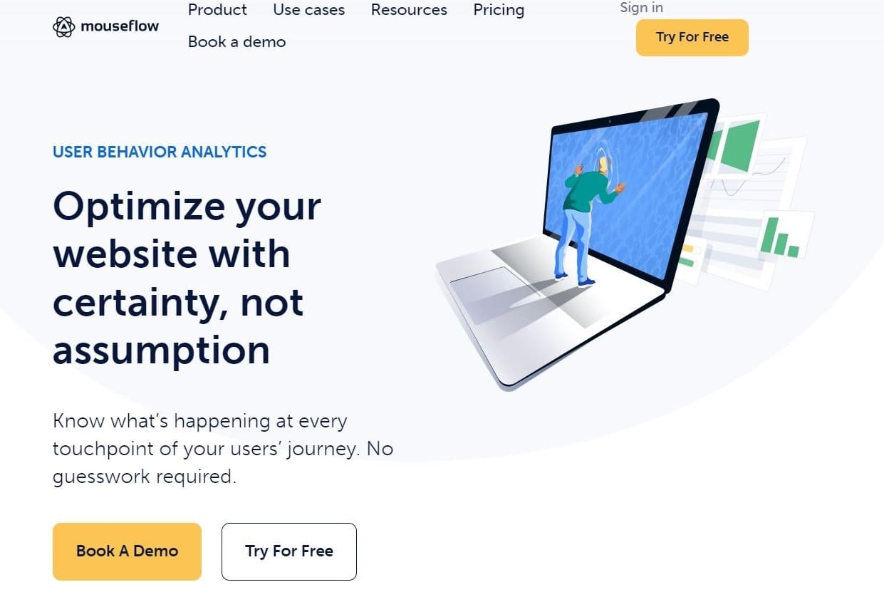 The Mouseflow homepage with the tagline "Optimize your website with certainty, not assumption".
