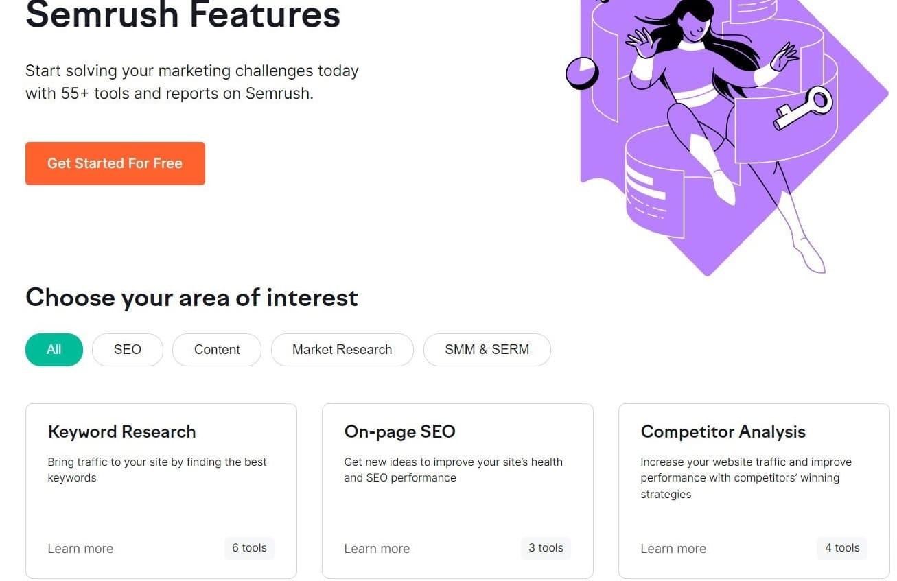 Semrush's Features page with an orange 