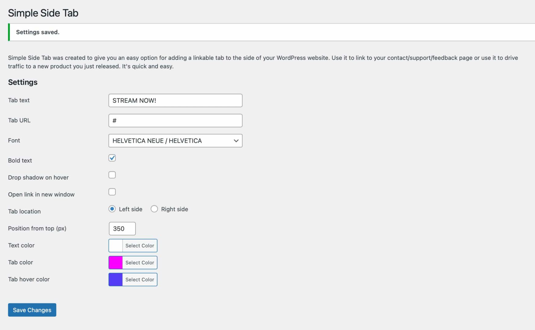 simple side tab WordPress plugin settings