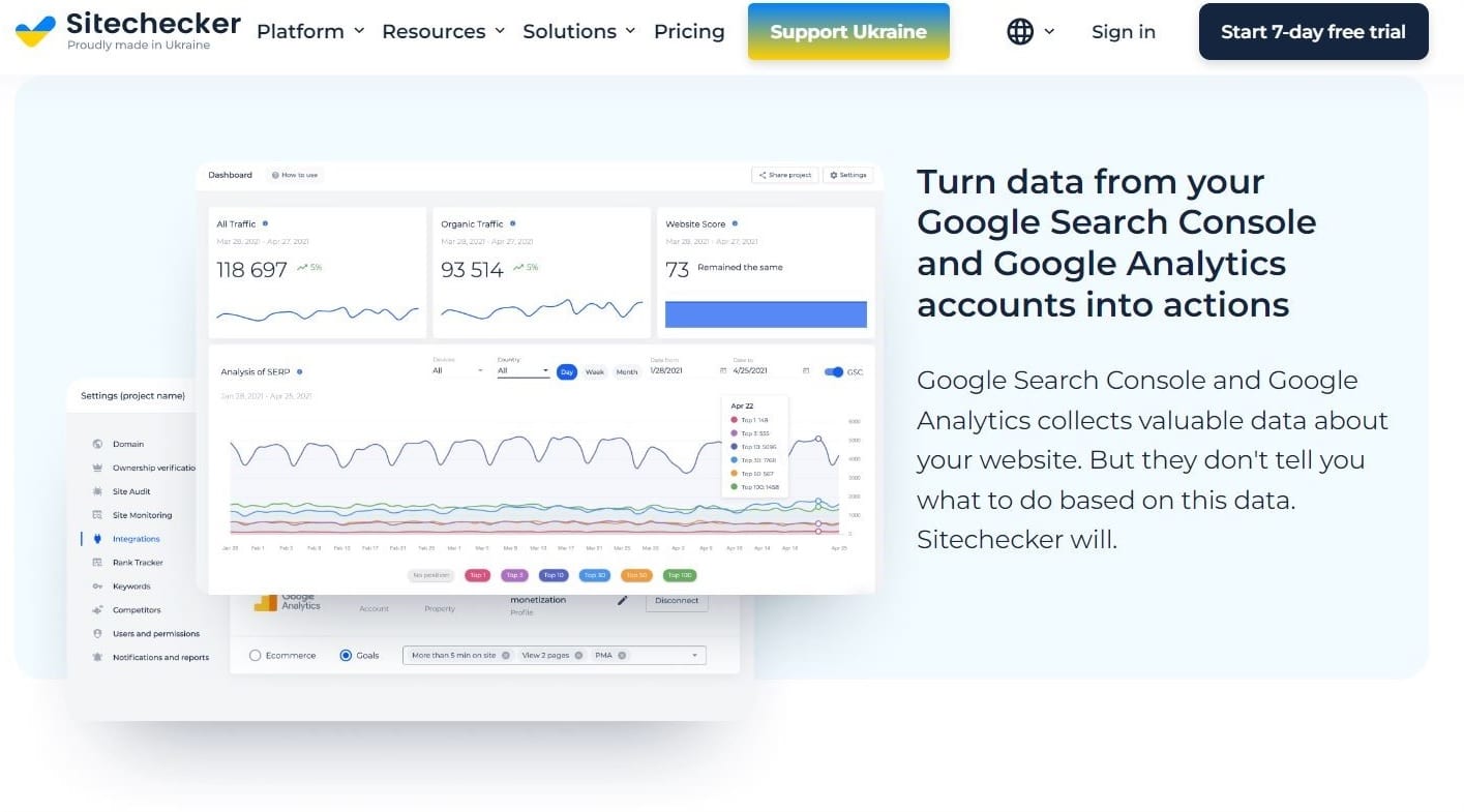 The Sitechecker homepage with the tagline "Turn data from your Google Search Console and Google Analytics accounts into actions".