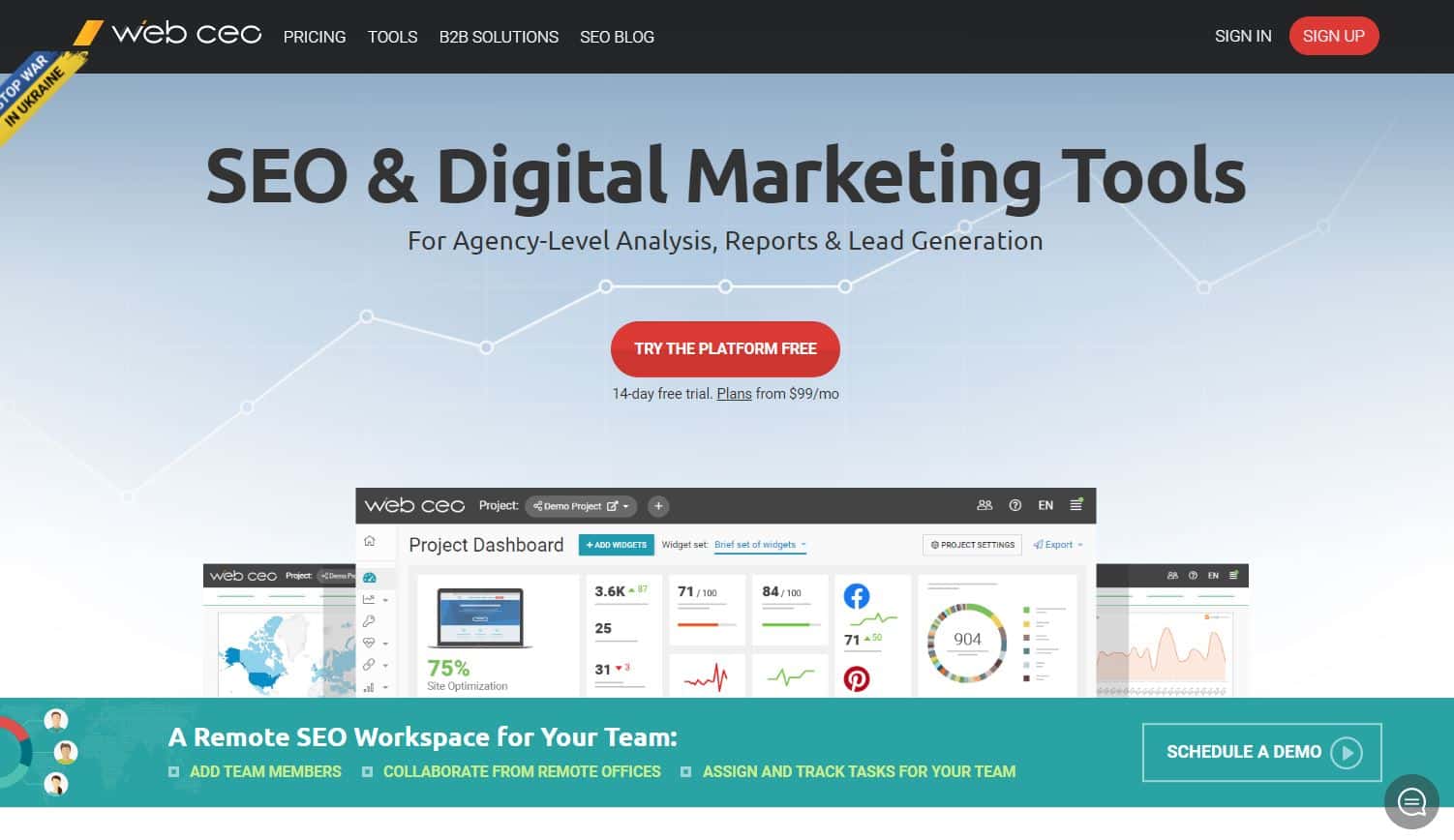 The WebCEO homepage with the headline "SEO & Digital Marketing Tools".