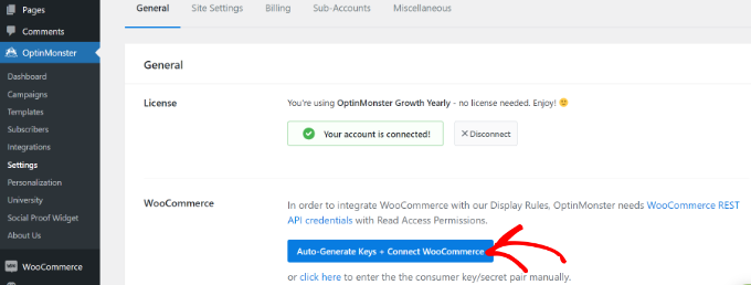 Auto generate keys and connect WooCommerce