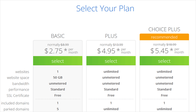 select your bluehost plan