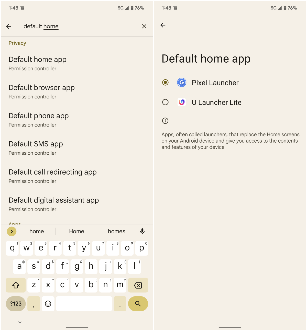 Default home app in Android