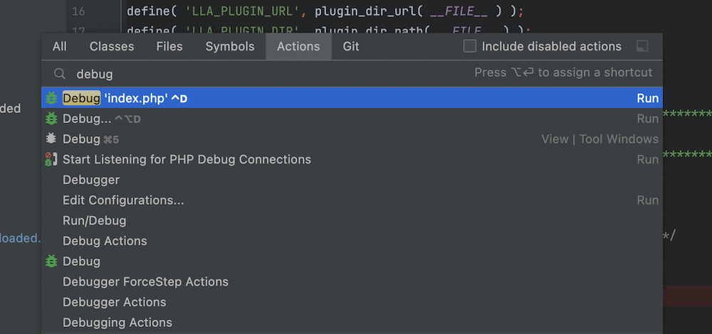The PhpStorm interface, showing the Find Action display. There are various search filters for All, Classes, Files, Symbols, Actions, and Git. The search term is 