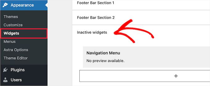 Inactive widgets section