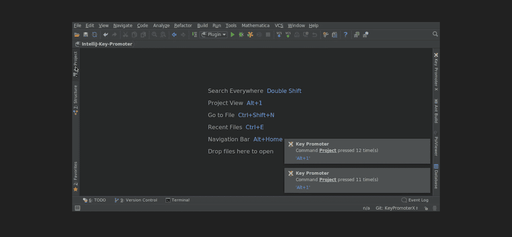 A PhpStorm interface window, showing a number of options to find files and projects alongside the corresponding shortcuts. There are two notifications in the bottom right-hand corner with the format of 