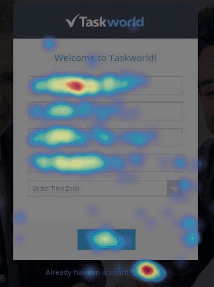 Neuromarketing examples: Taskworld applied a heat map to spot drawbacks in the sign-up form.