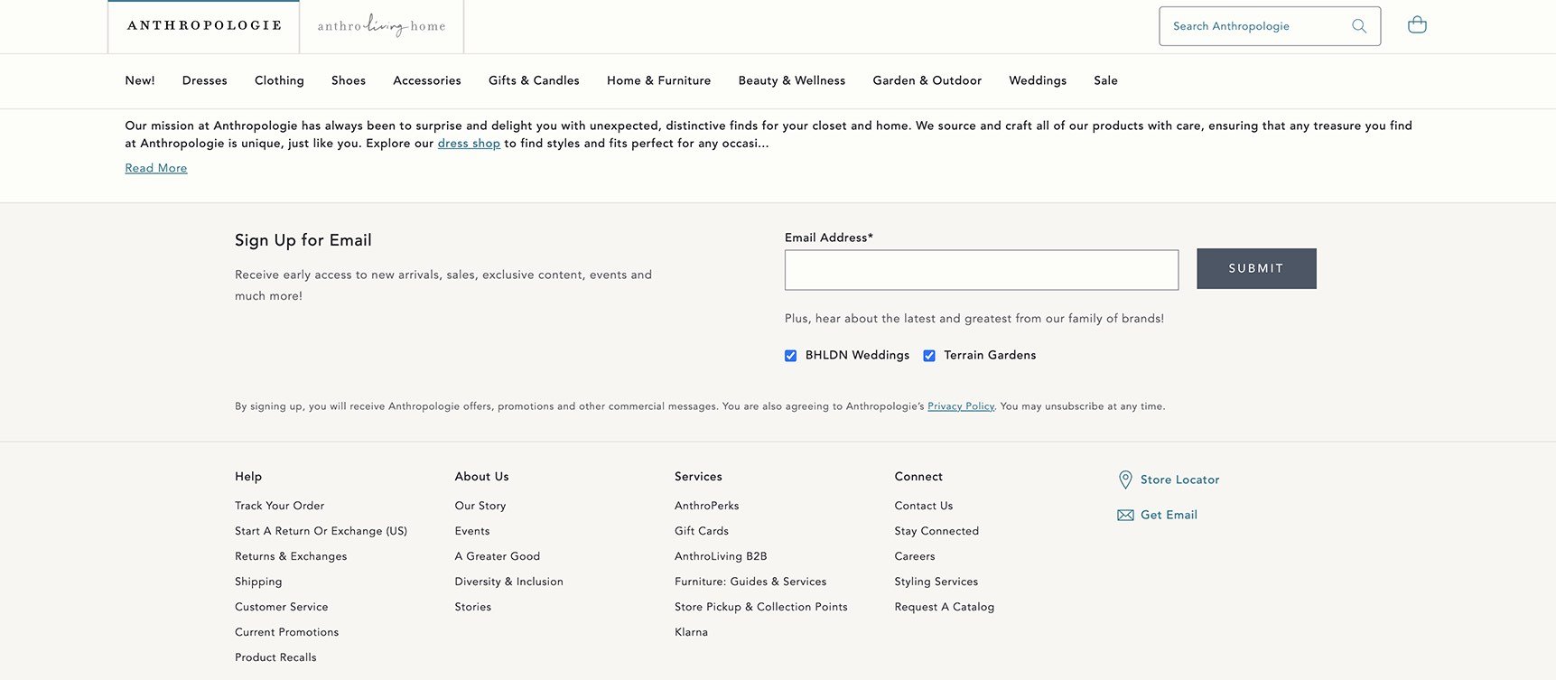 Newsletter sign-up form example, anthropologie homepage with signup form at the bottom of the page above the footer