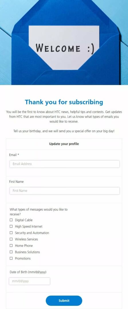 Newsletter sign-up form HTC email sign-up form example