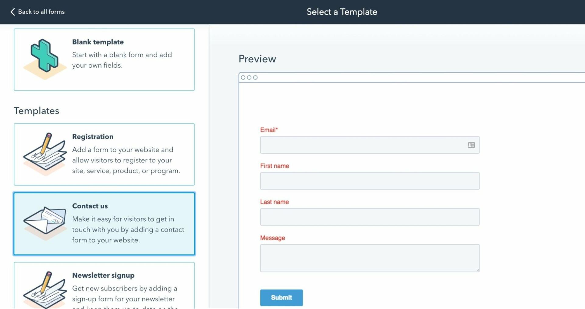 Newsletter sign-up form template from HubSpot