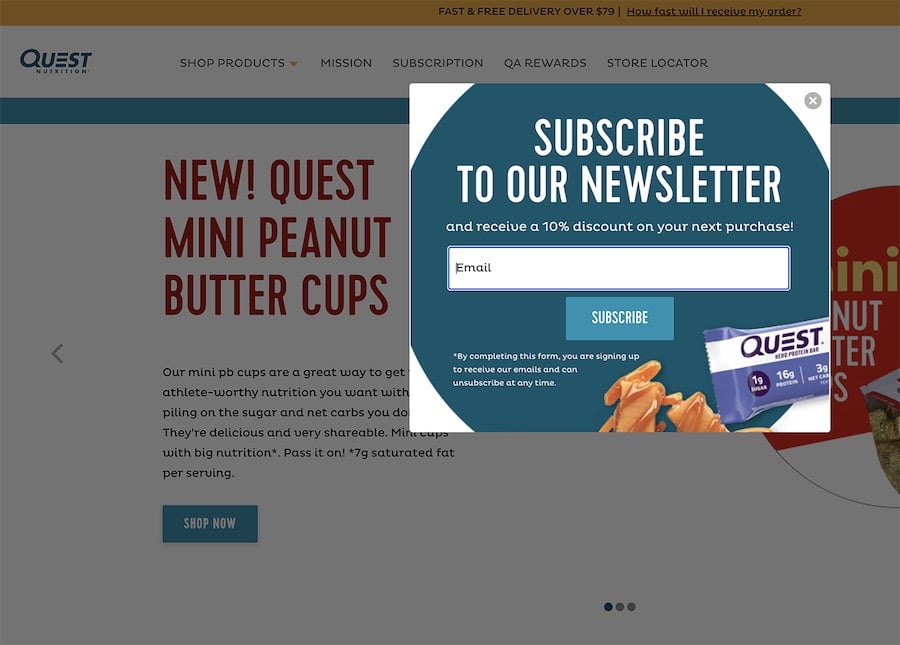 Newsletter sign-up form example, quest nutrition pop-up window that says 'sign up now!' along with a subscription form