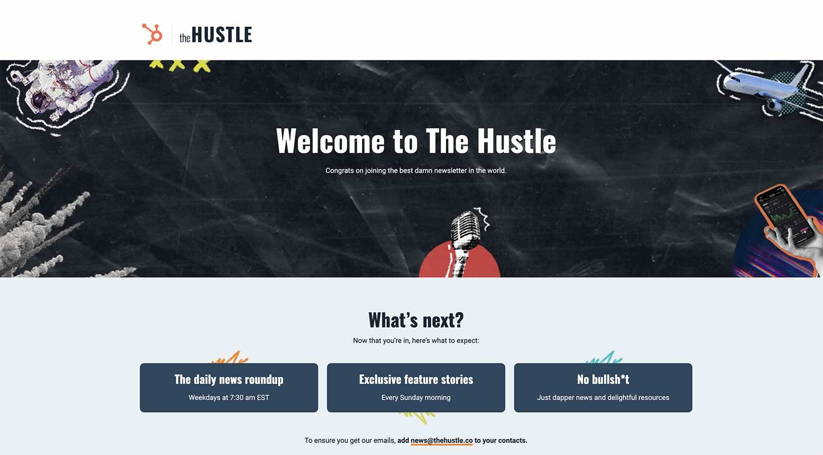 Newsletter sign-up form Welcome to the Hustle example page