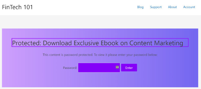 Preview of customized password protected page with CSS hero
