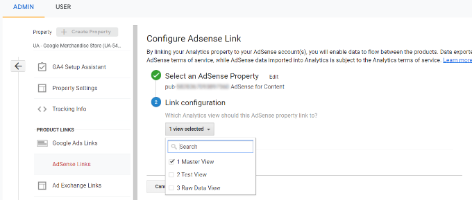 Select link configuration view