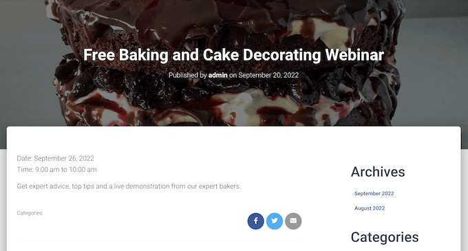 A webinar event page, created using Sugar Calendar