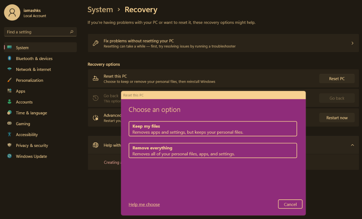 Reset PC in Windows 11