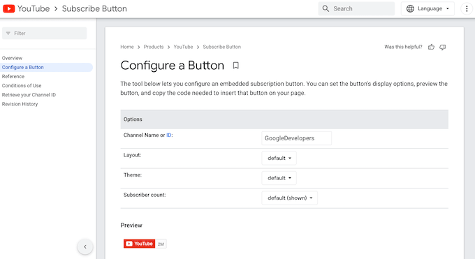 The YouTube configure button page
