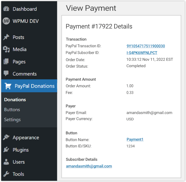 Accept Donations with PayPal plugin -- donation details