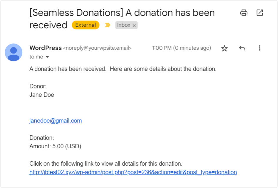 seamless donations donor email
