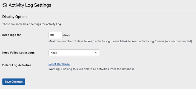 Activity Log Settings page. 
