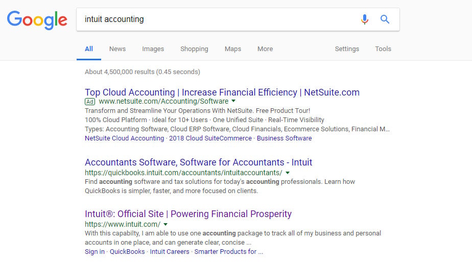 B2B lead generation best practices Google search for “intuit accounting”