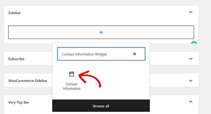 Choose Contact Information widget from the Widget Block Menu