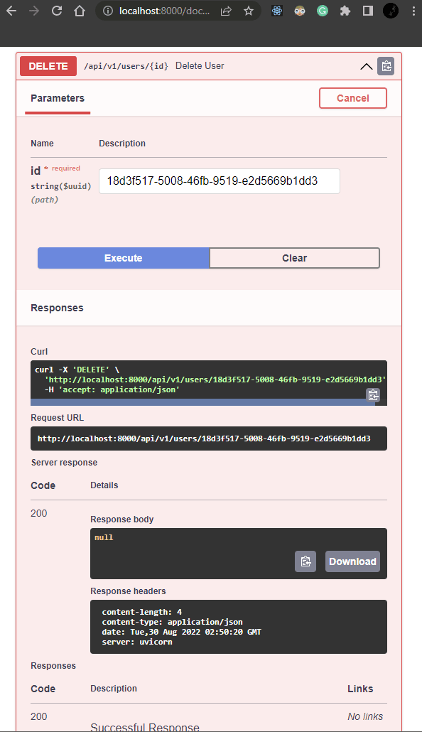 Screenshot showing parameters for FastAPI DELETE request.