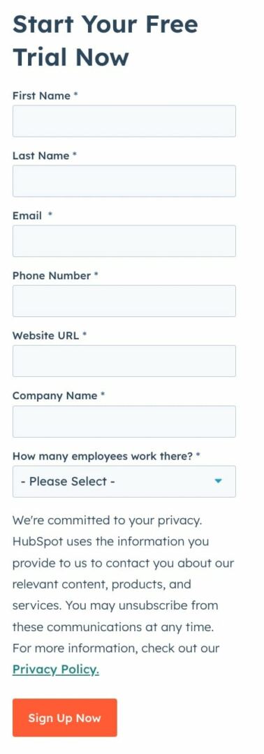 Form conversion, Hubspot, example of headline as call-to-action