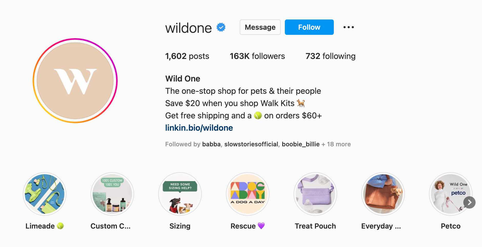 instagram marketing for small business, pet brand Wild One uses its Instagram bio to promote its small business promotions.