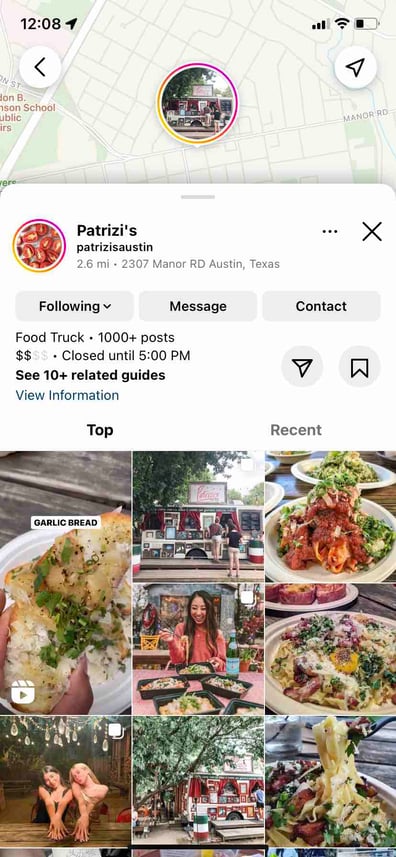 instagram marketing for small business, the Instagram geotag results for Austin-based food truck small business, Patrizi’s