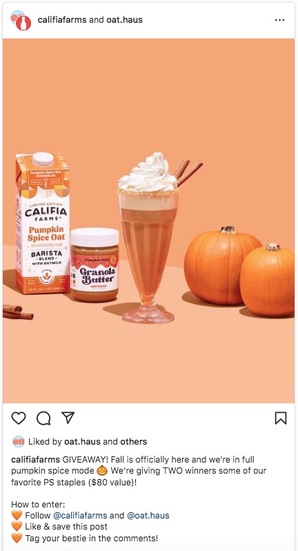 instagram marketing for small business, Califia Farms and Oat Haus collaborate on a giveaway as part of their Instagram marketing strategies.
