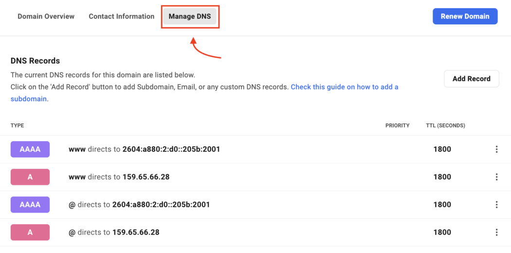 Manage DNS button.