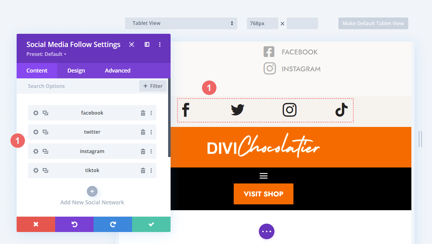 Modifying the Social Media Follow Module for the Divi Chocolatier Layout Header template