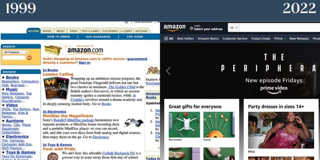Nostalgic websites: Amazon. Image to the left shows the site in 1999 and image to the right shows Amazon in 2022. 