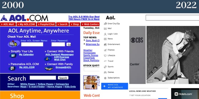 Nostalgic websites: AOL. Left side shows AOL in 2000, right side shows AOL in 2022. 