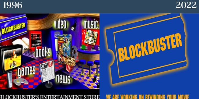 Nostalgic websites: Blockbuster. Left: shows the website in the 1990s during the company's prime. The right shows the website now, in 2022. 