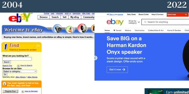 Nostalgic websites: eBay. On the left is eBay's homepage in 2004 and on the right is eBay's homepage in 2022. 