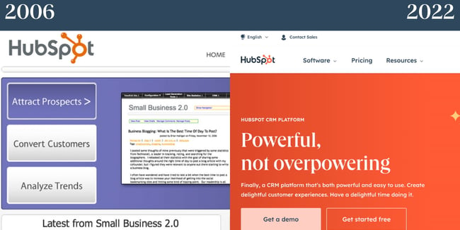 Nostalgic websites: HubSpot in 2006 is shown next to HubSpot's homepage in 2022.