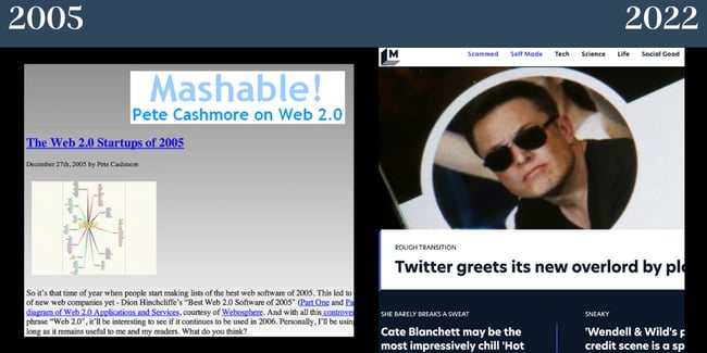 Nostalgic websites: Mashable in 2005 compared to Mashable homepage in 2022. 