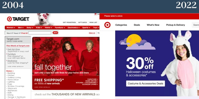 Nostalgic websites: Target. On the left you see Target's site in 2004 and 2022 on the right. 