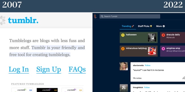 Nostalgic websites: Tumblr. Site on the left is from 2007 when the platform was in its infancy, the right shows the homepage now. 