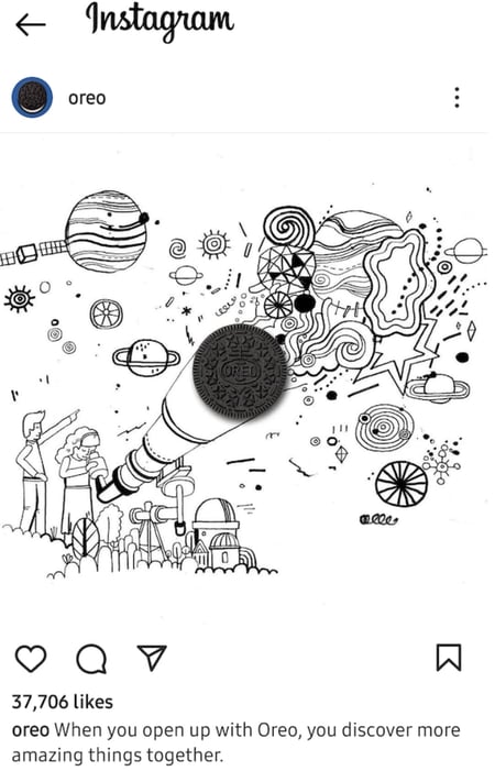 An Instagram post by Oreo of an illustration of two kids. One kid looking through a telescope to see planets and different shapes and the other is pointing to the shapes. The lens of the telescope is an Oreo cookie. 