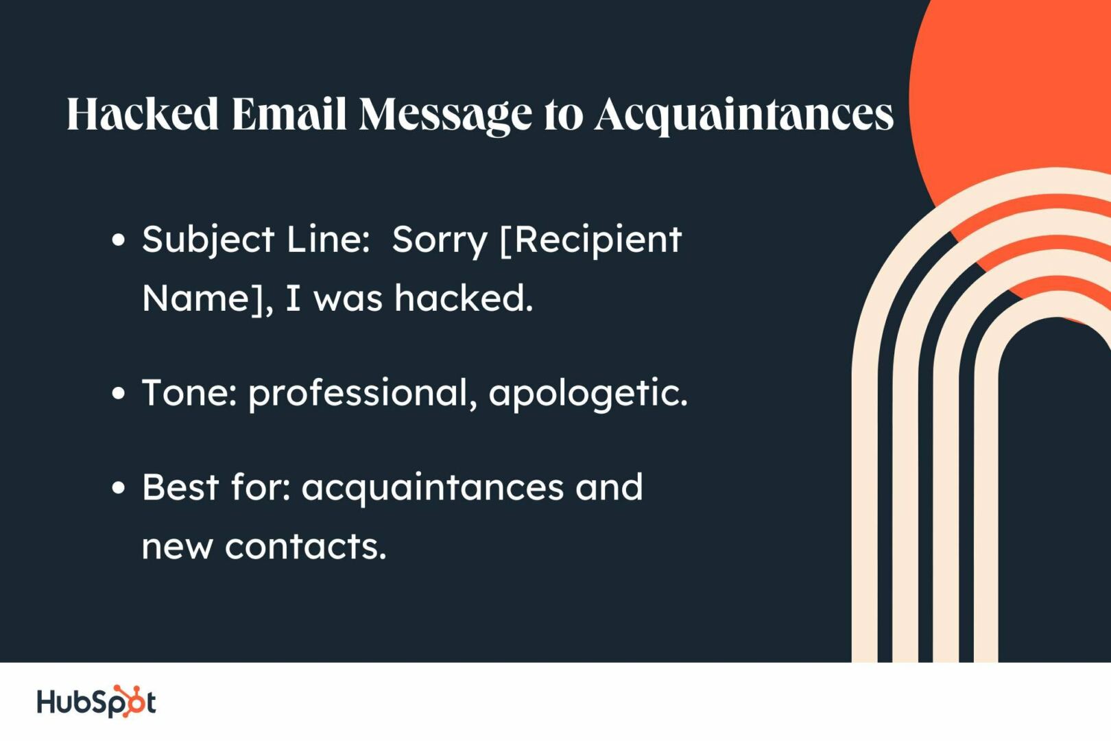  sample letter for hacked email: subject line, Sorry [Recipient Name], I was hacked; tone, professional, apologetic; best for acquaintances and new contacts.