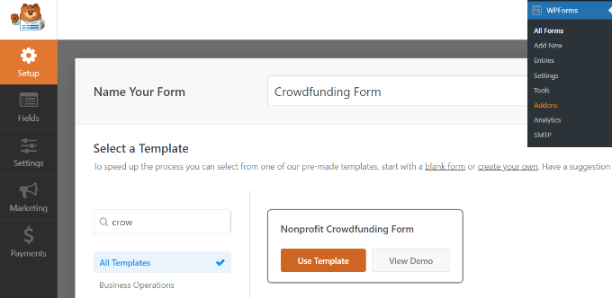 Select crowdfunding form template