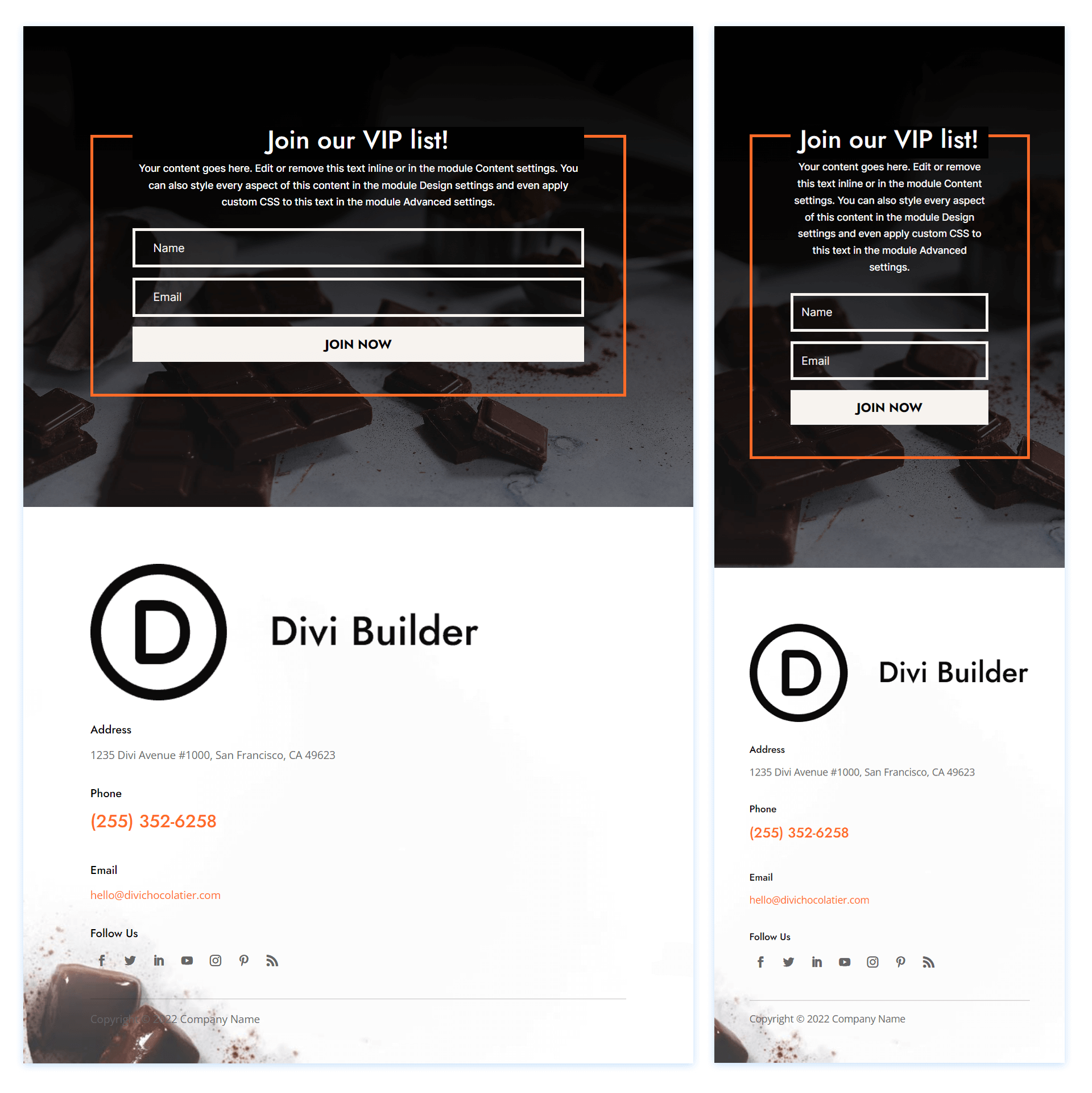 Divi Chocolatier Footer Layout in tablet and mobile view