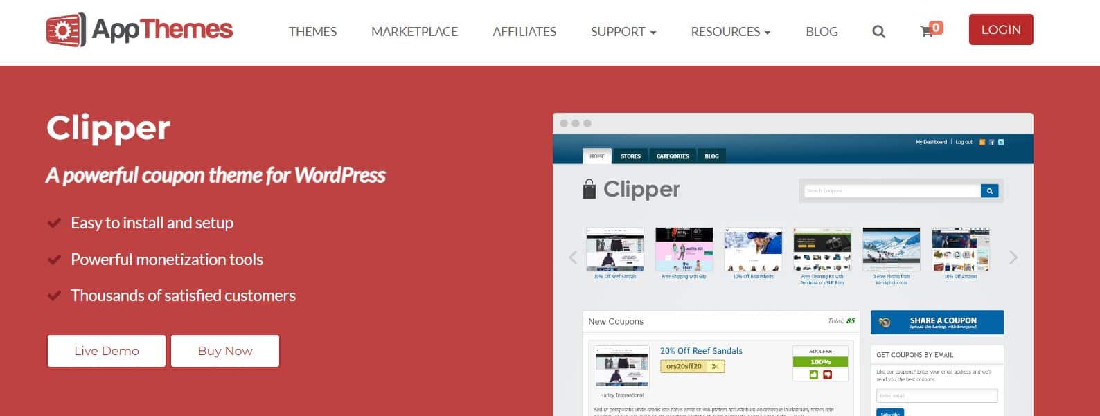 Screenshot of the website for the coupon-focused Clipper WordPress theme.