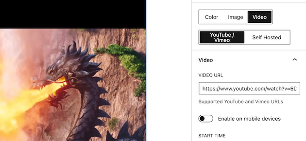 Adding a video URL to the Advanced WordPress Backgrounds block.